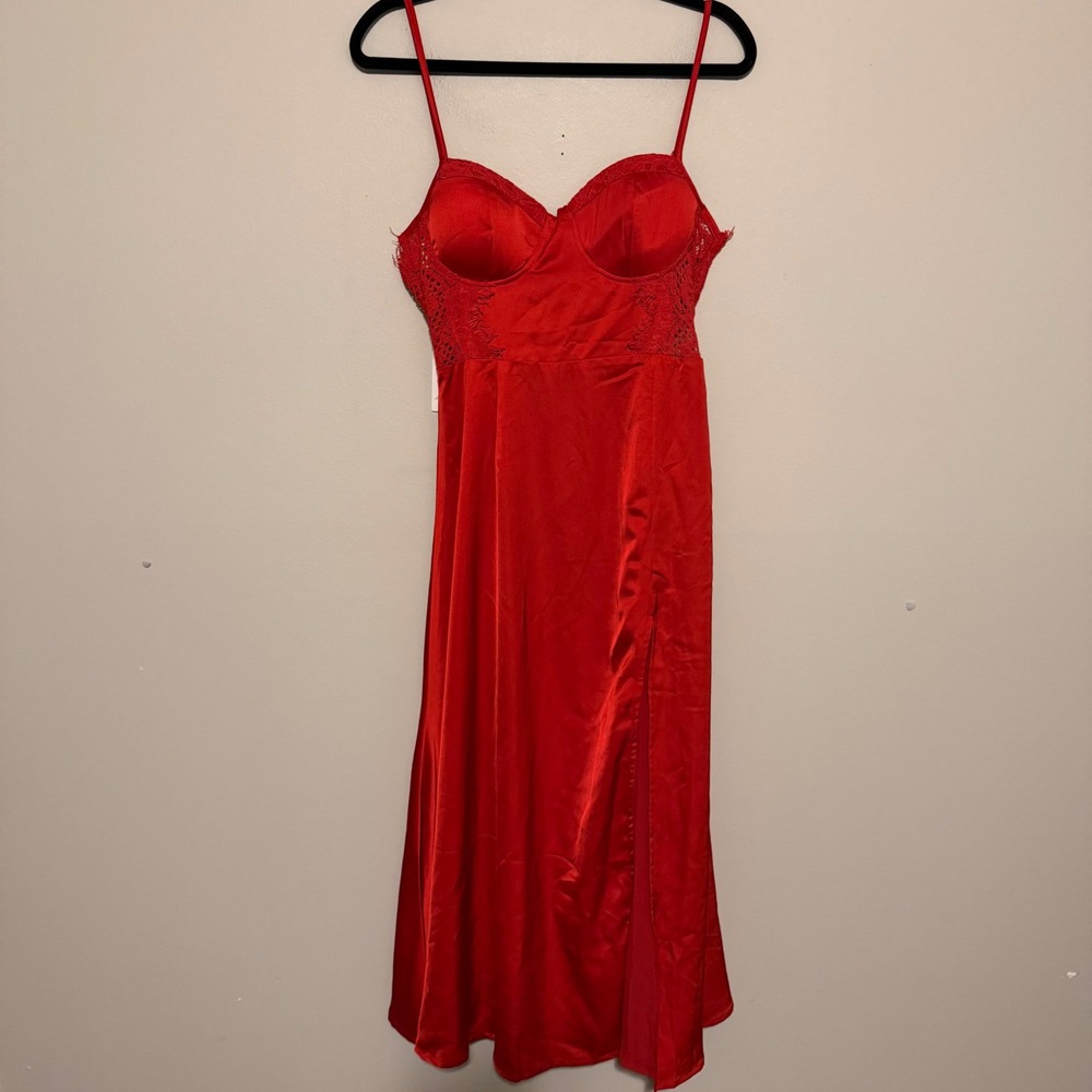 NWT Alamour The Label Tonia Dress M Red Lace Satin Bustier Slit Maxi Gown M